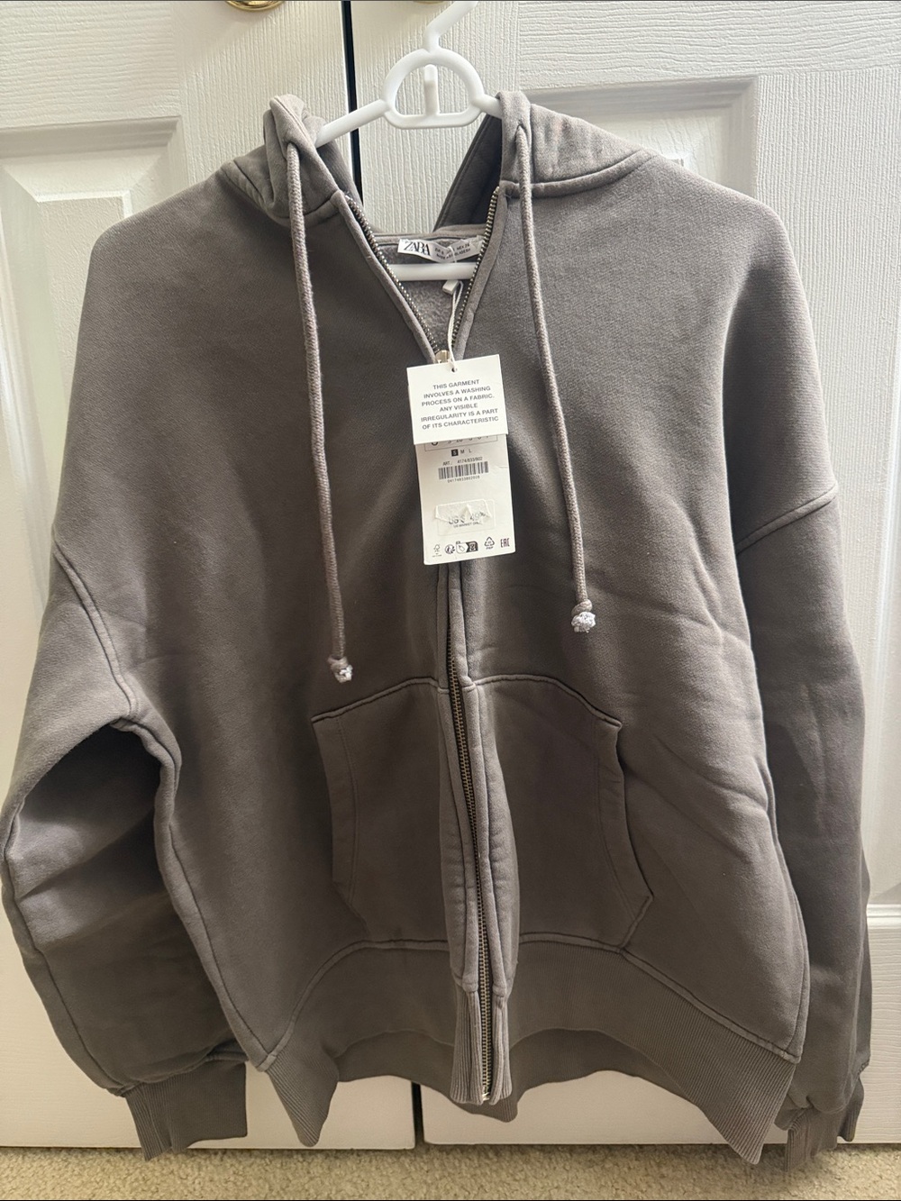 Zara Taupe Full-Zip Hoodie with Drawstrings